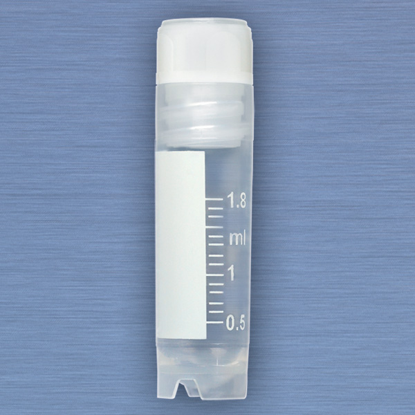 Globe Scientific CryoCLEAR vials, 2.0mL, STERILE, Internal Threads, Assembled Screwcap with Co-Molded Thermoplastic Elastomer (TPE) Sealing Layer, Round Bottom, Self-Standing, Printed Graduations, Writing Space and Barcode, 50/Bag Image